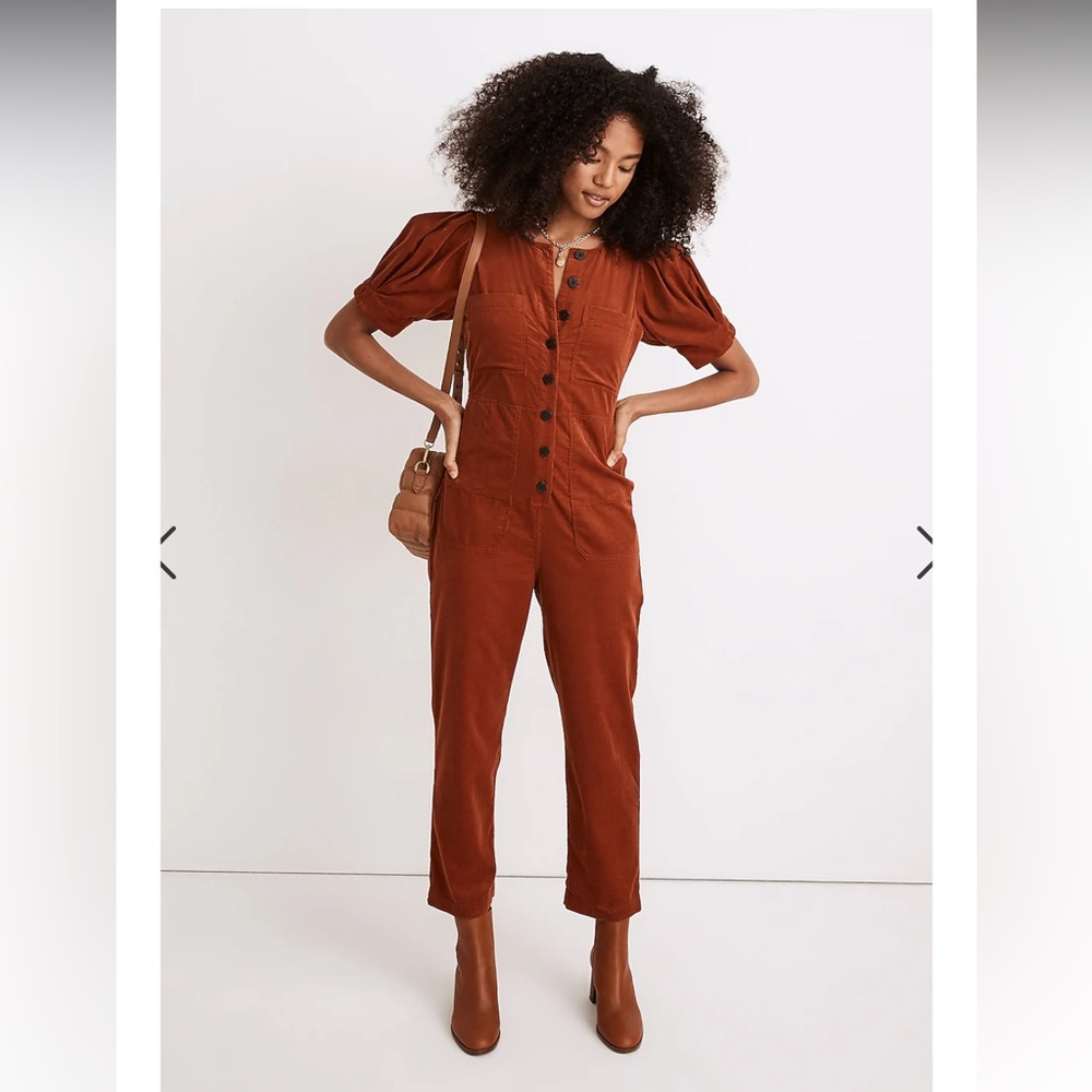 Madewell Corduroy Puff-Sleeve Button-Front Jumpsuit